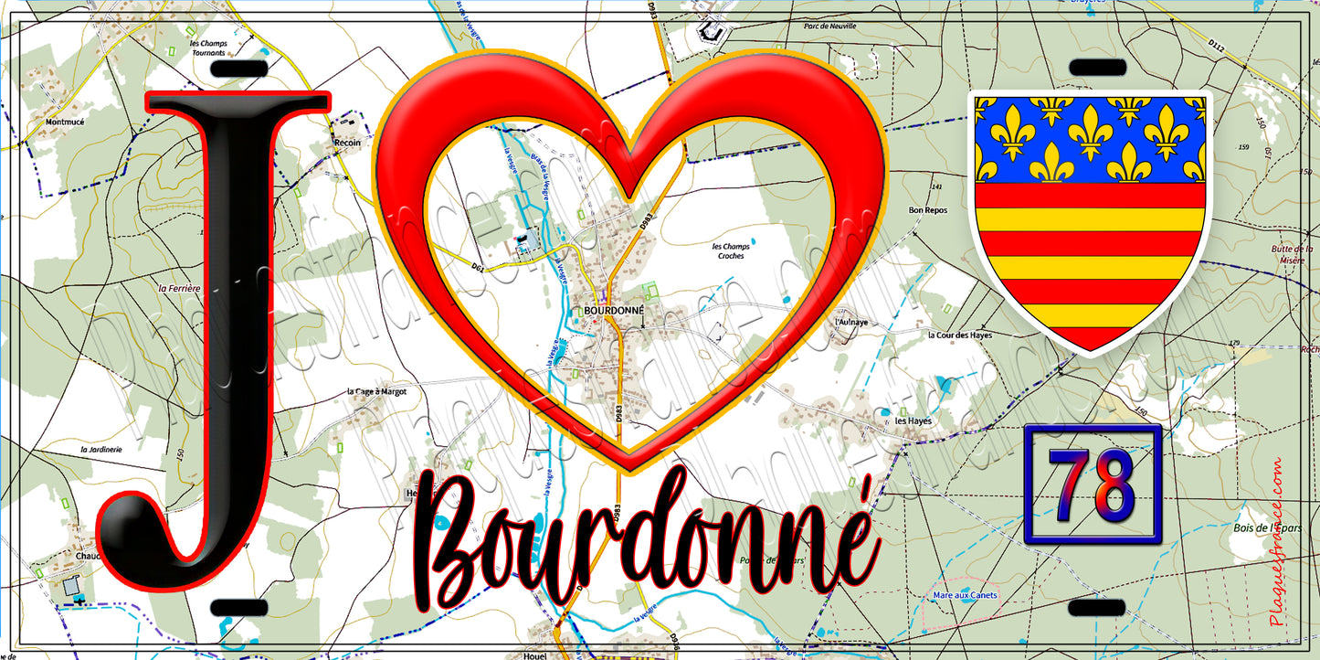Plaque métal décorative  J' ❤️ Bourdonné, Yvelines (78)fond carte