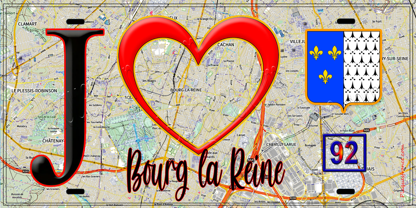 Plaque métal décorative  J' ❤️ Bourg-la-Reine, Hauts de Seine (92) fond carte