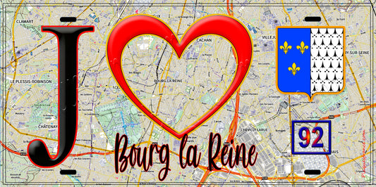 Plaque métal décorative  J' ❤️ Bourg-la-Reine, Hauts de Seine (92) fond carte