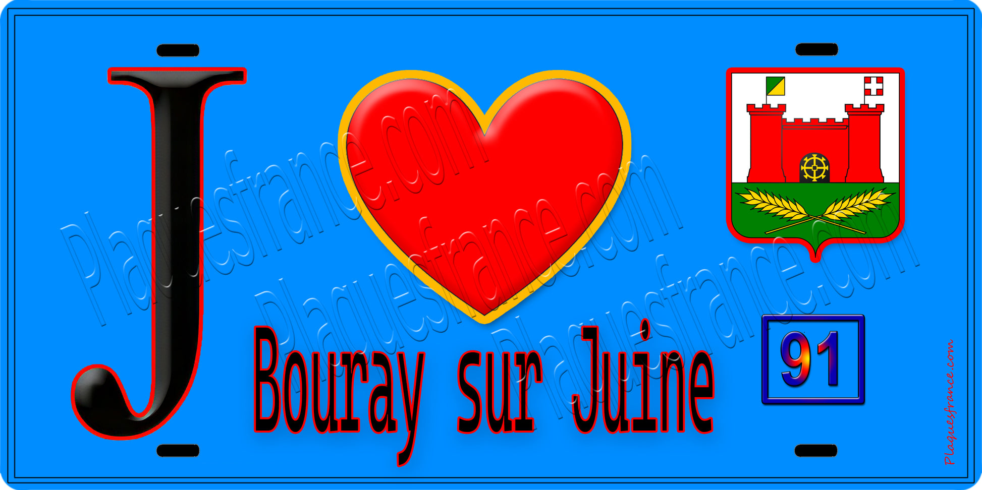 Plaque métal décorative  J' ❤️Bouray-sur-Juine, Essonne (91) fond bleu