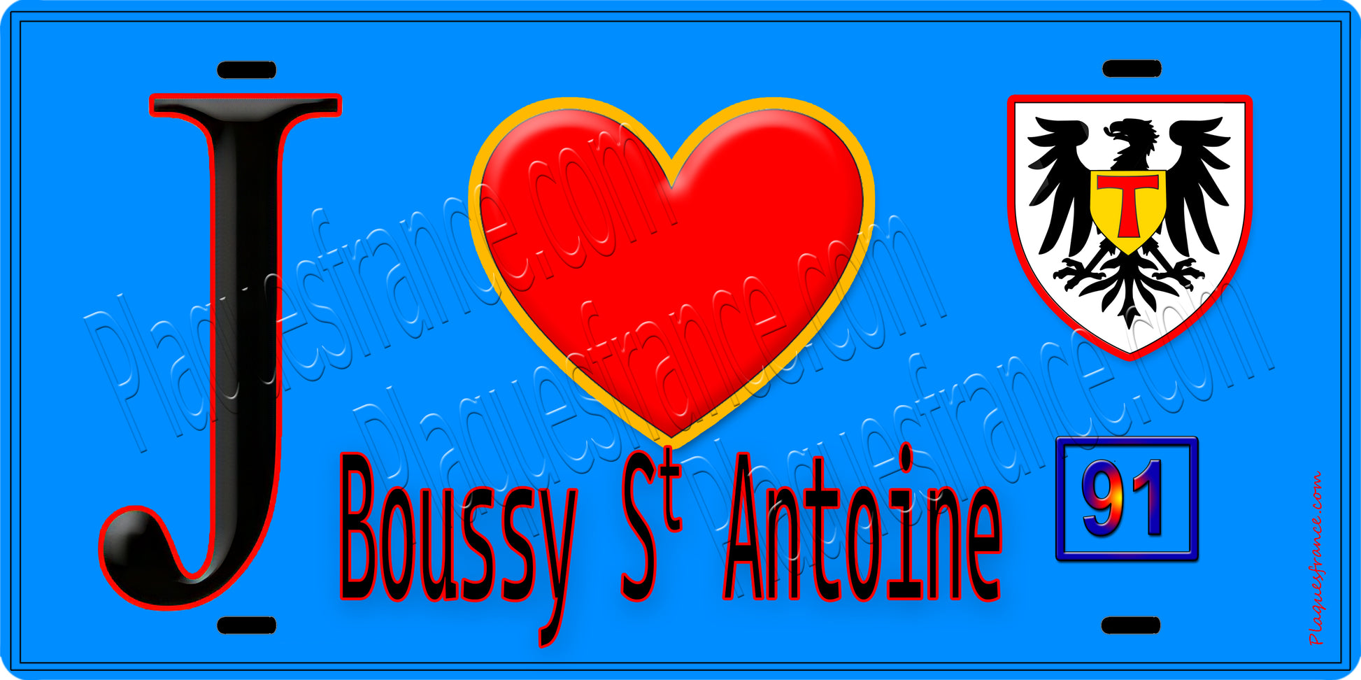 Plaque métal décorative  J' ❤️Boussy-Saint-Antoine, Essonne (91) fond bleu