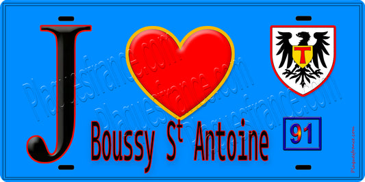 Plaque métal décorative  J' ❤️Boussy-Saint-Antoine, Essonne (91) fond bleu