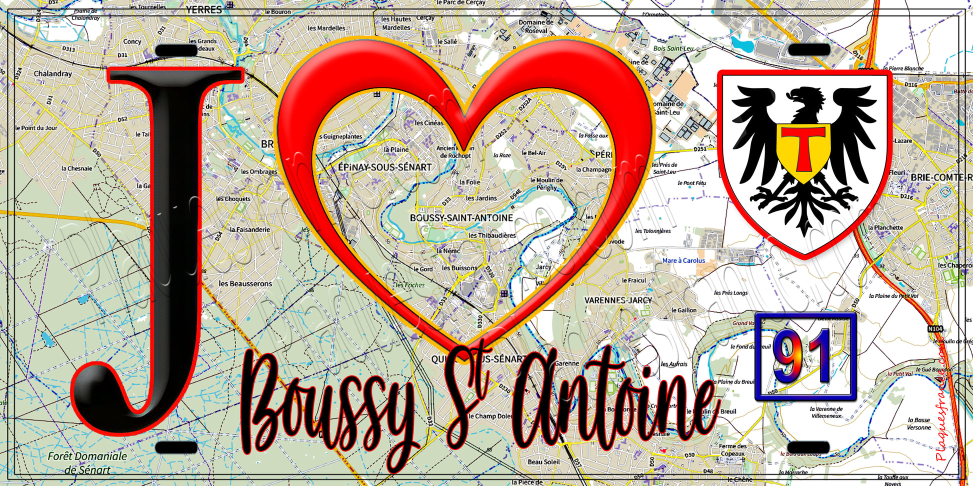 Plaque métal décorative  J' ❤️Boussy-Saint-Antoine, Essonne (91) fond carte