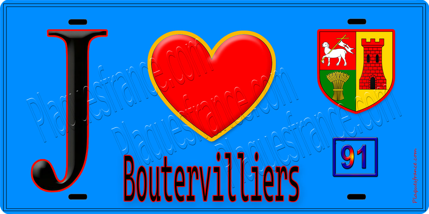 Plaque métal décorative  J' ❤️Boutervilliers, Essonne (91) fond bleu