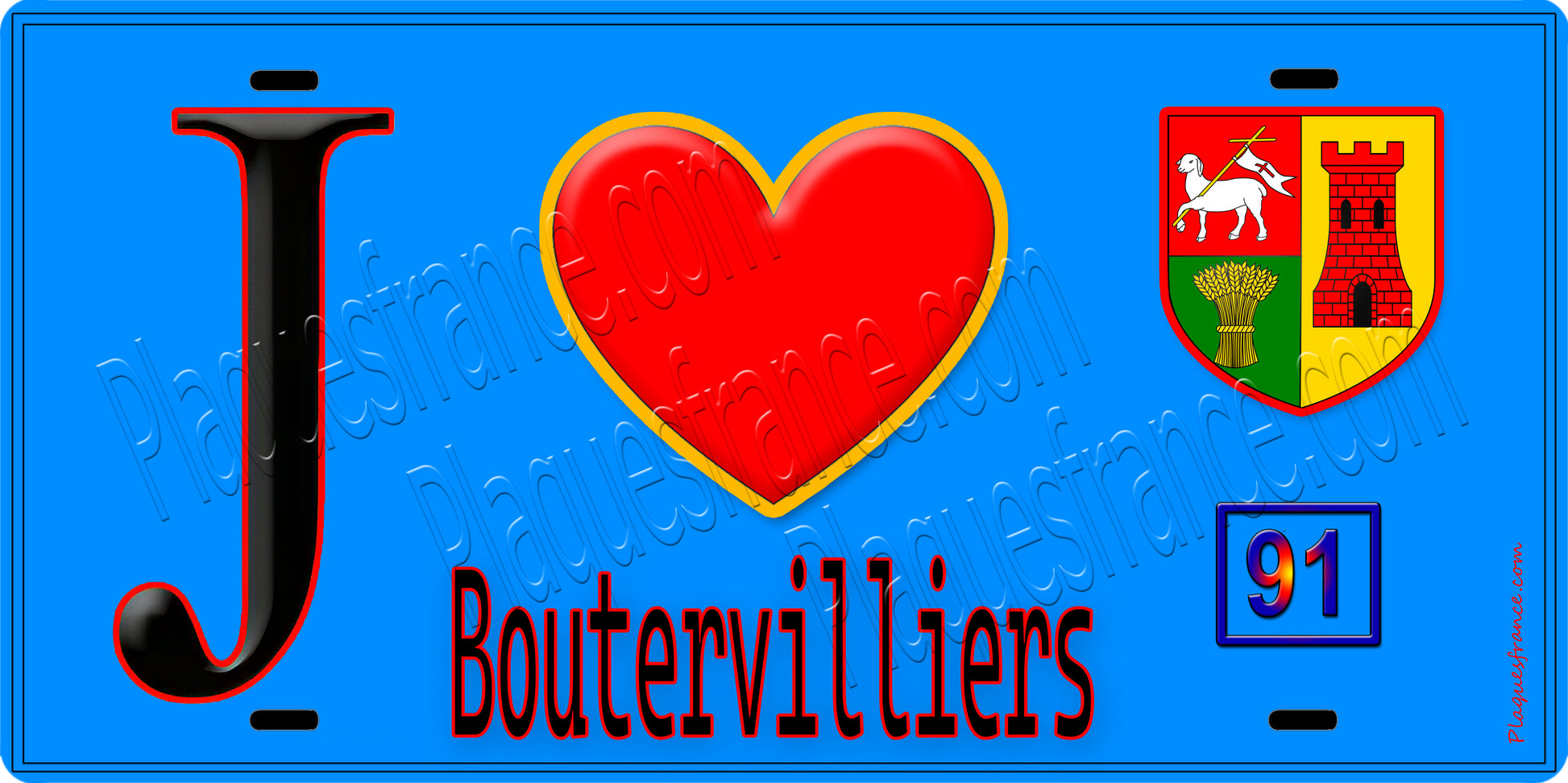 Plaque métal décorative  J' ❤️Boutervilliers, Essonne (91) fond bleu