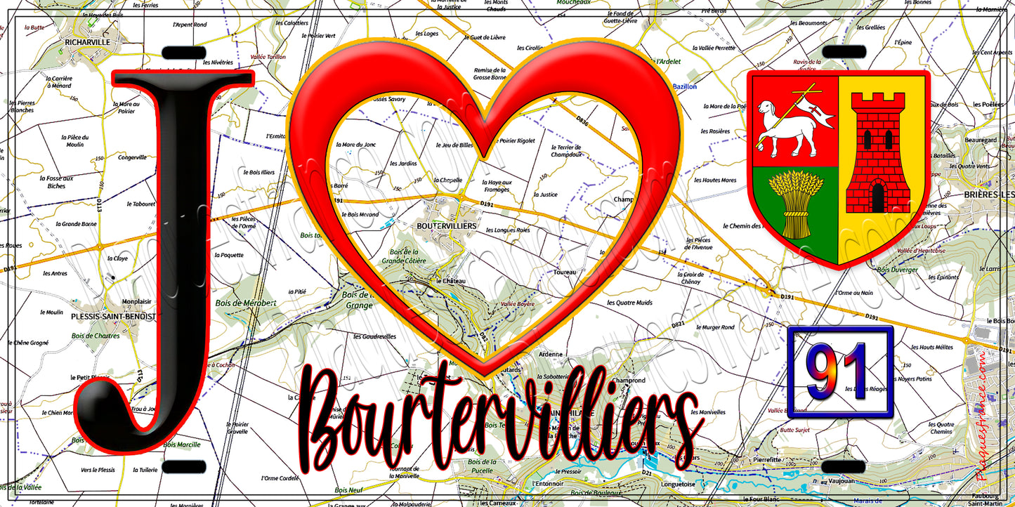 Plaque métal décorative  J' ❤️Boutervilliers, Essonne (91) fond carte