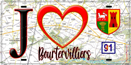 Plaque métal décorative  J' ❤️Boutervilliers, Essonne (91) fond carte