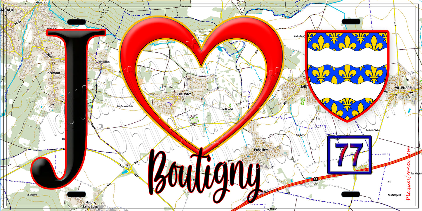 Plaque métal décorative  J' ❤️Boutigny, Seine et Marne (77) fond carte