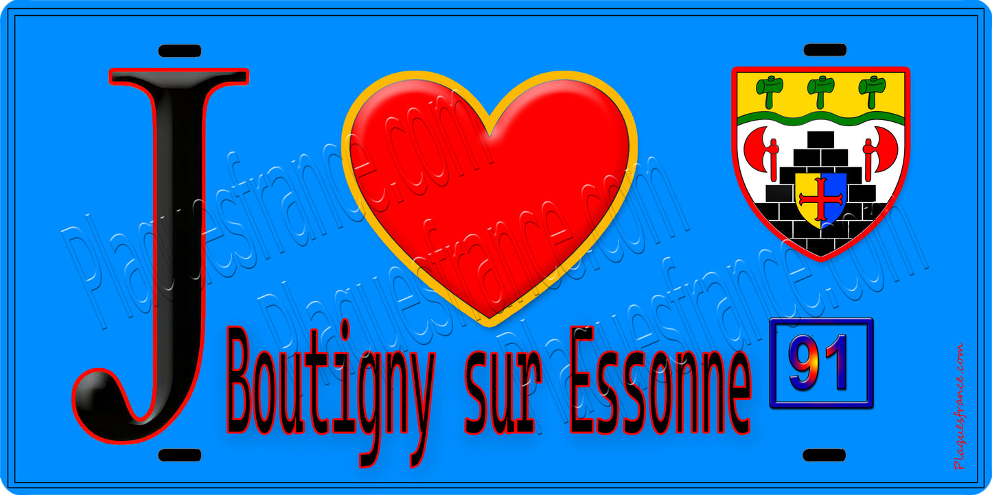Plaque métal décorative  J' ❤️Boutigny-sur-Essonne, Essonne (91) fond bleu