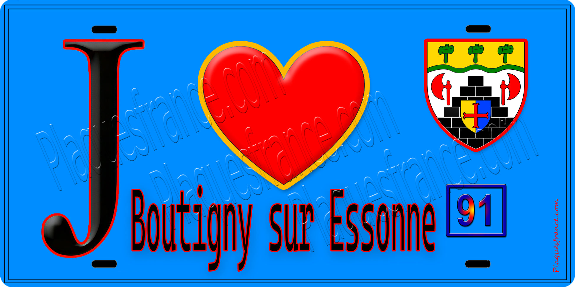 Plaque métal décorative  J' ❤️Boutigny-sur-Essonne, Essonne (91) fond bleu
