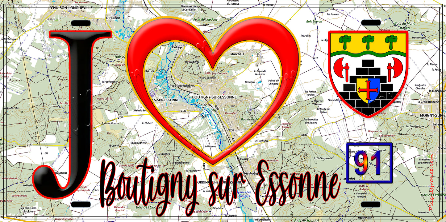 Plaque métal décorative  J' ❤️Boutigny-sur-Essonne, Essonne (91) fond carte