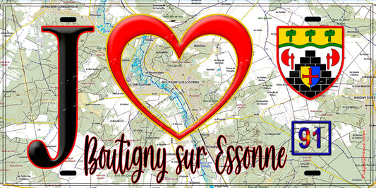 Plaque métal décorative  J' ❤️Boutigny-sur-Essonne, Essonne (91) fond carte