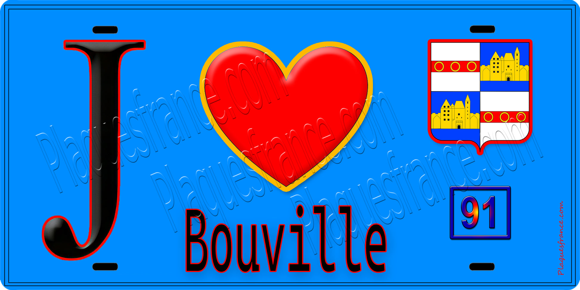 Plaque métal décorative  J' ❤️Bouville, Essonne (91) fond bleu