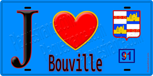 Plaque métal décorative  J' ❤️Bouville, Essonne (91) fond bleu
