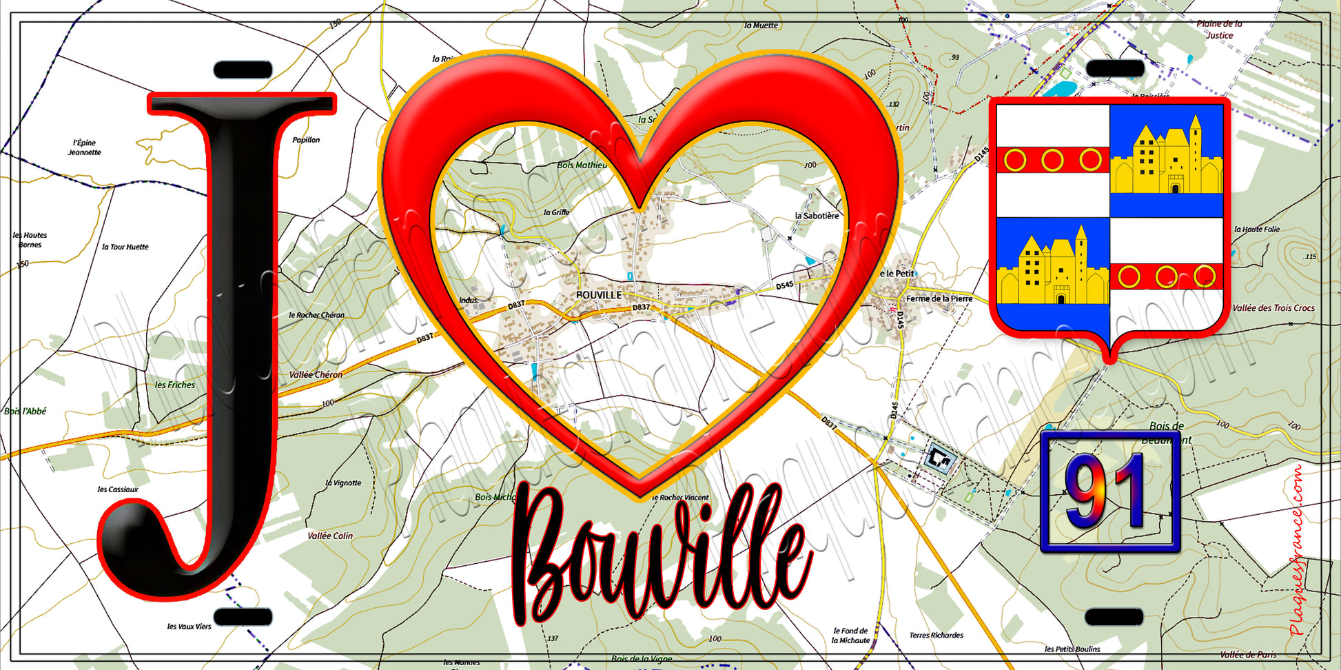 Plaque métal décorative  J' ❤️Bouville, Essonne (91) fond carte