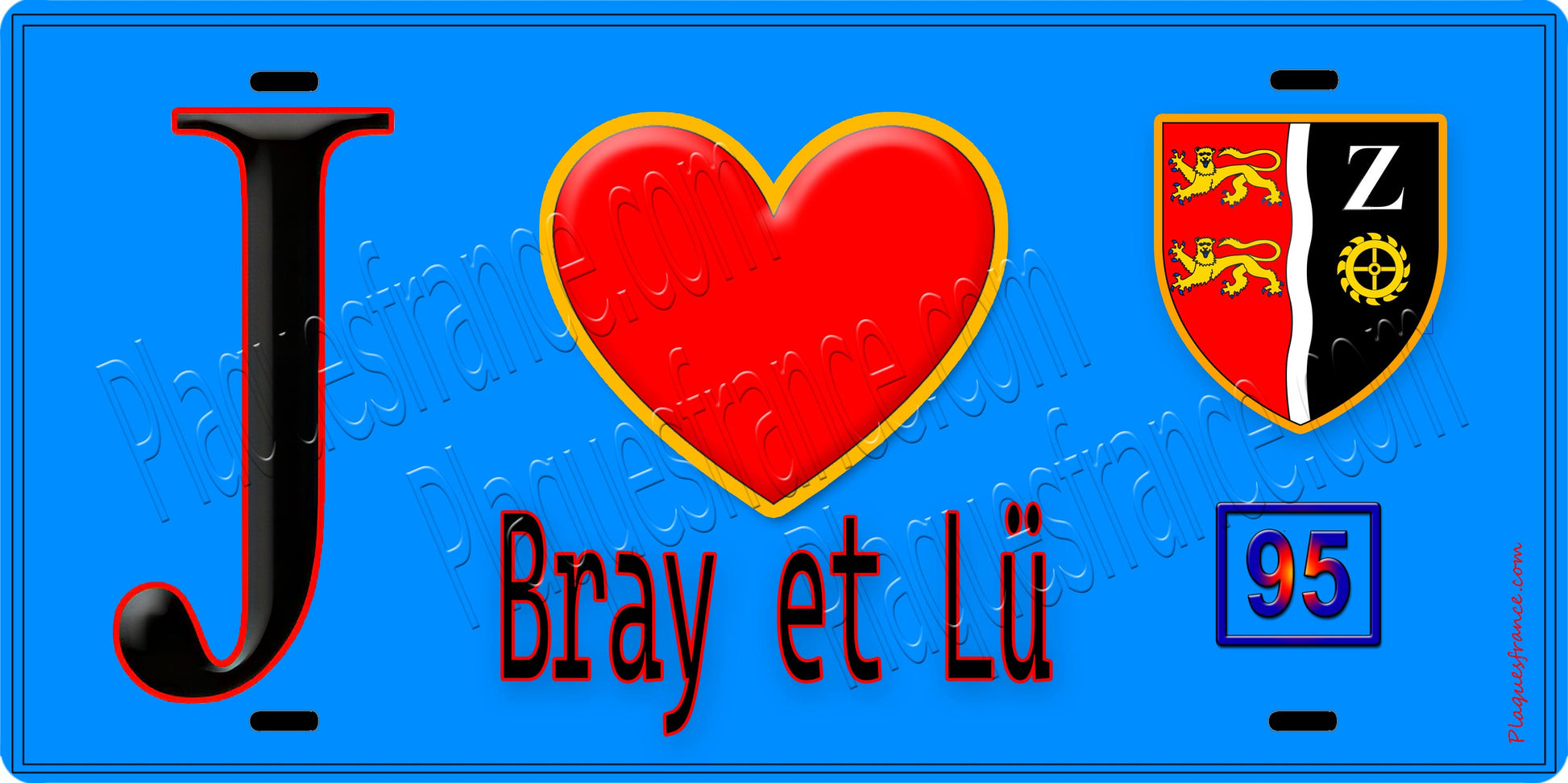 Plaque métal décorative  J' ❤️Bray-et-Lû, Val d'Oise (95) fond bleu