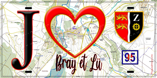Plaque métal décorative  J' ❤️Bray-et-Lû, Val d'Oise (95) fond carte