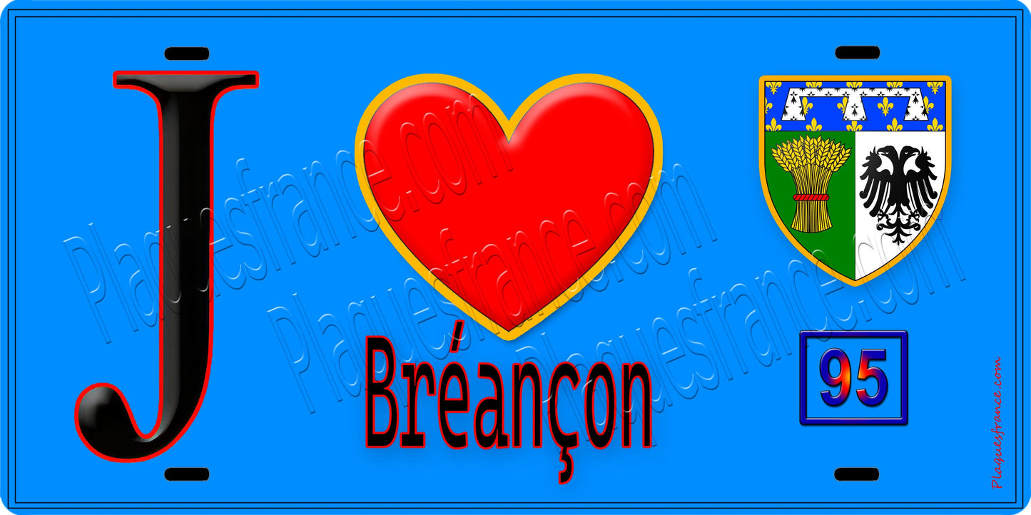 Plaque métal décorative  J' ❤️Bréançon, Val d'Oise (95) fond bleu