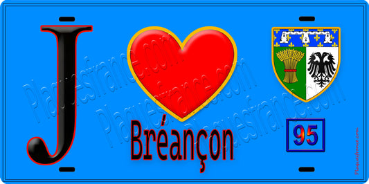 Plaque métal décorative  J' ❤️Bréançon, Val d'Oise (95) fond bleu