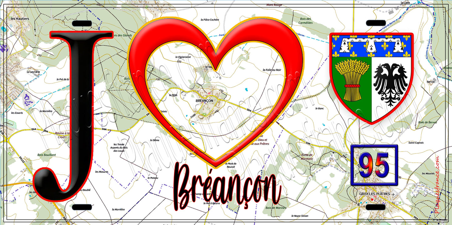 Plaque métal décorative  J' ❤️Bréançon, Val d'Oise (95) fond carte