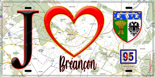 Plaque métal décorative  J' ❤️Bréançon, Val d'Oise (95) fond carte