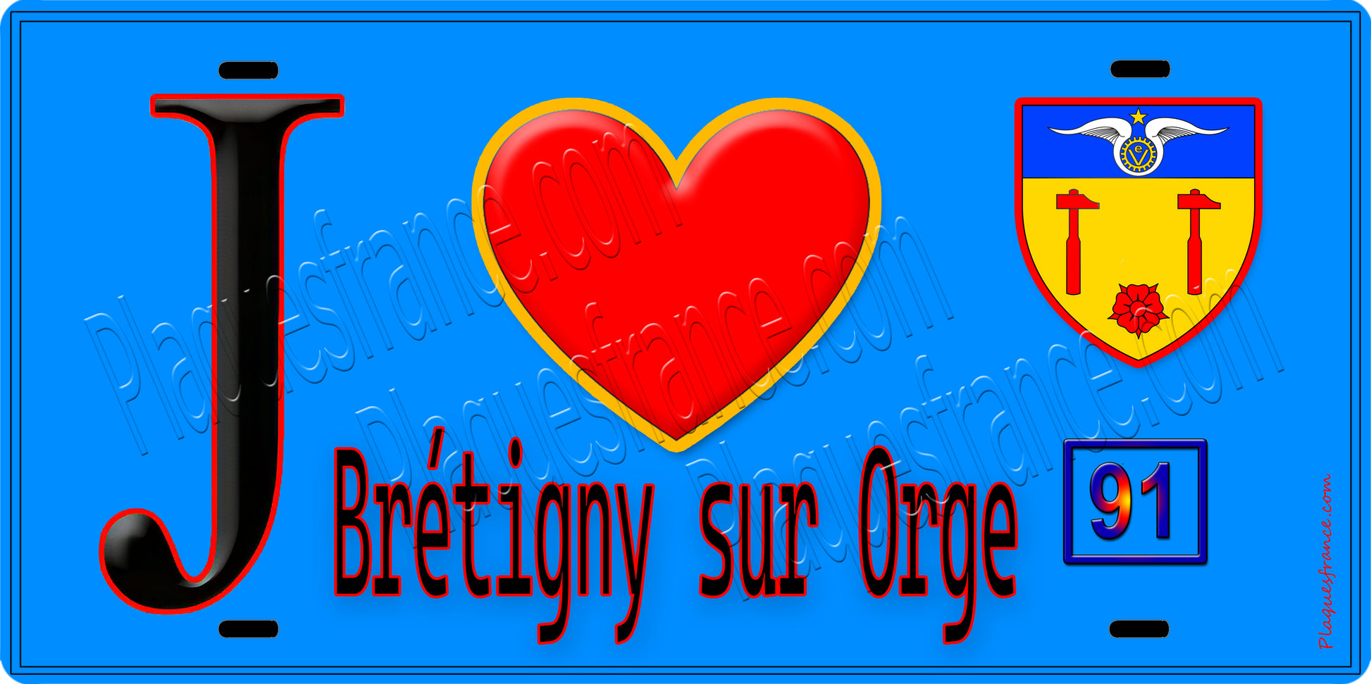 Plaque métal décorative  J' ❤️Brétigny-sur-Orge, Essonne (91) fond bleu