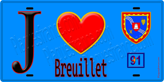 Plaque métal décorative  J' ❤️Breuillet, Essonne (91) fond bleu