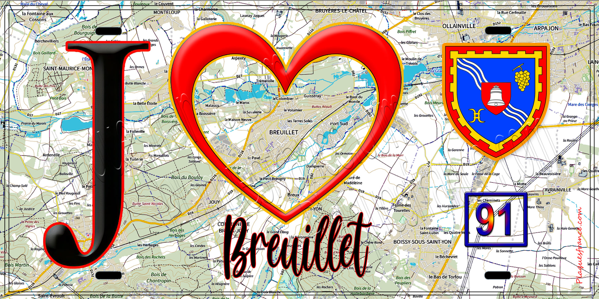 Plaque métal décorative  J' ❤️Breuillet, Essonne (91) fond carte