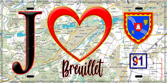 Plaque métal décorative  J' ❤️Breuillet, Essonne (91) fond carte