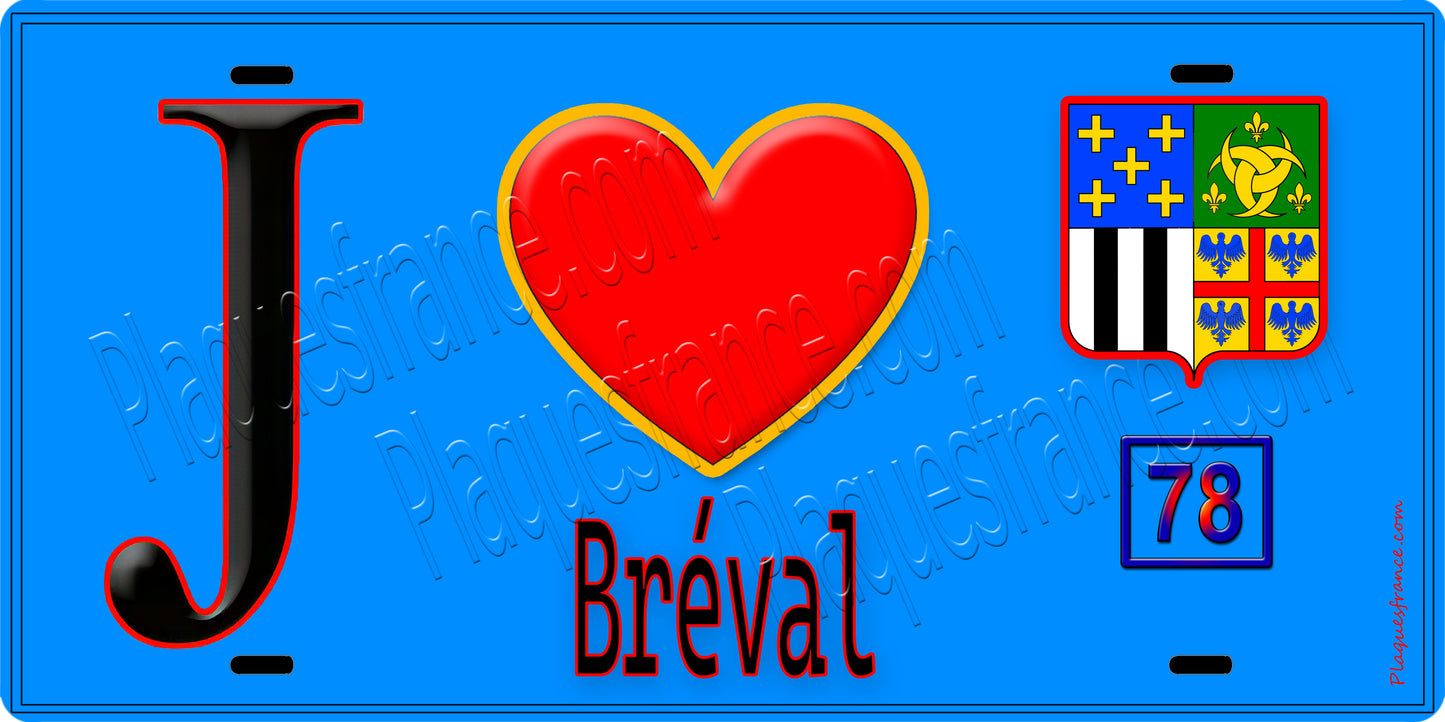 Plaque métal décorative  J' ❤️  Bréval, Yvelines (78) fond bleu