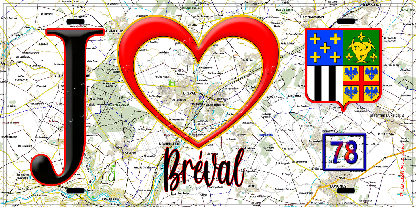 Plaque métal décorative  J' ❤️  Bréval, Yvelines (78) fond carte