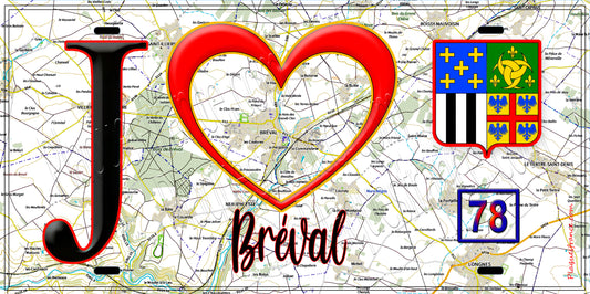 Plaque métal décorative  J' ❤️  Bréval, Yvelines (78) fond carte
