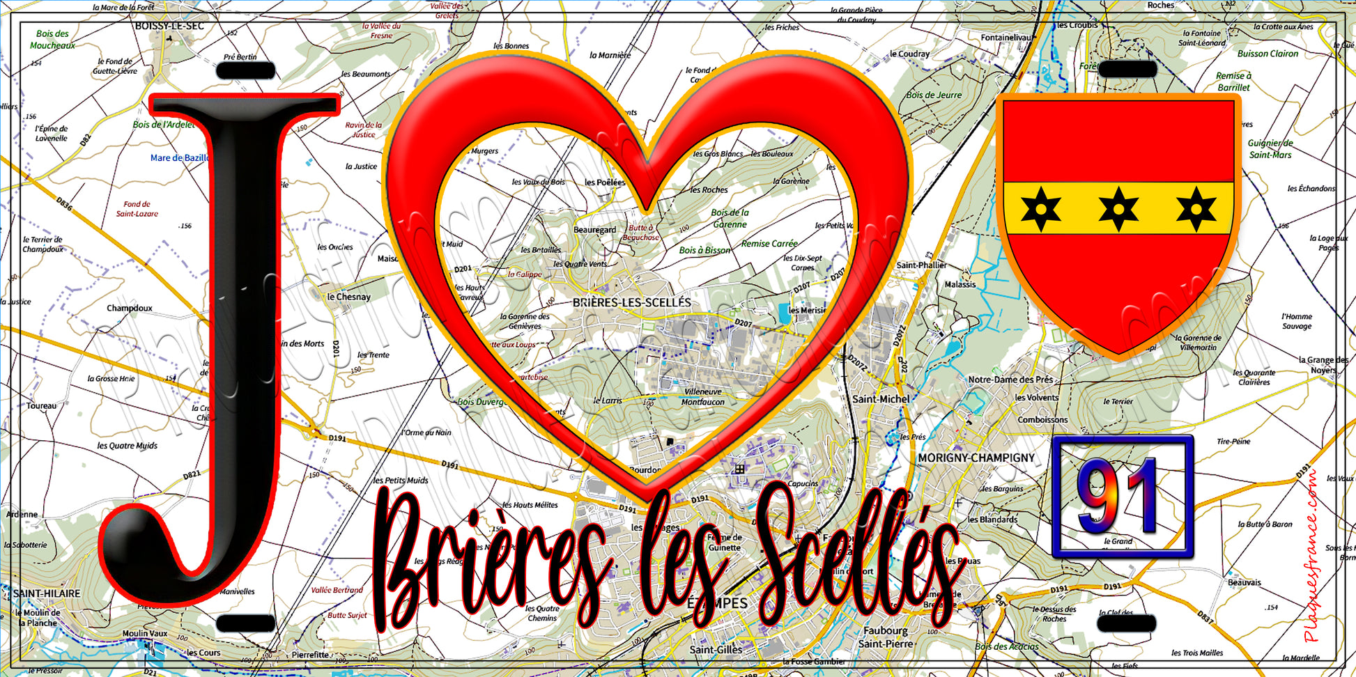 Plaque métal décorative  J' ❤️Brières-les-Scellés, Essonne (91) fond carte