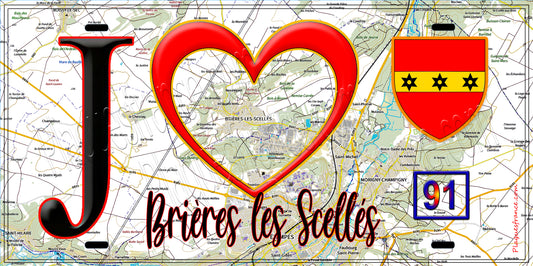 Plaque métal décorative  J' ❤️Brières-les-Scellés, Essonne (91) fond carte