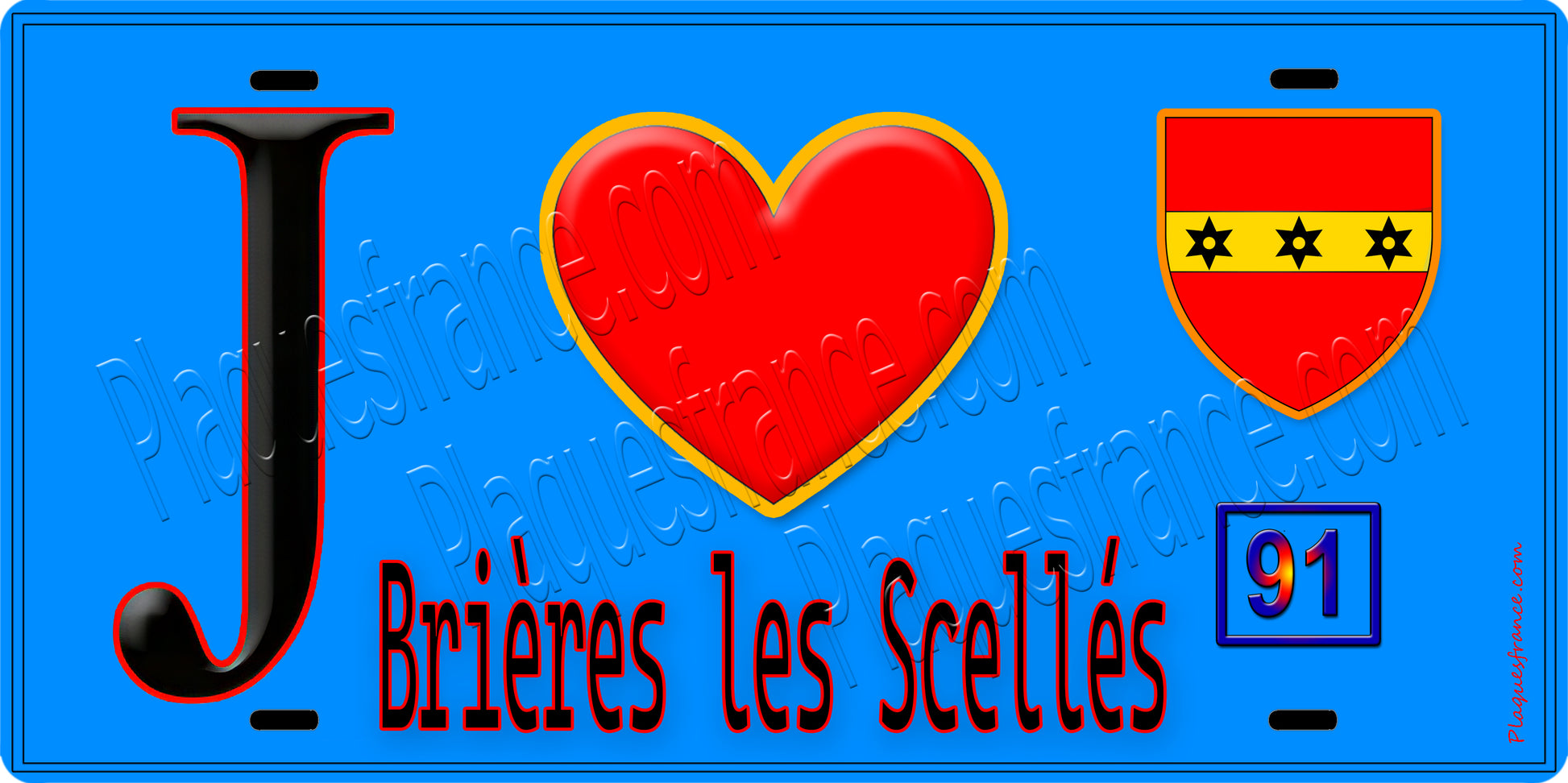 Plaque métal décorative  J' ❤️Brières-les-Scellés, Essonne (91) fond bleu