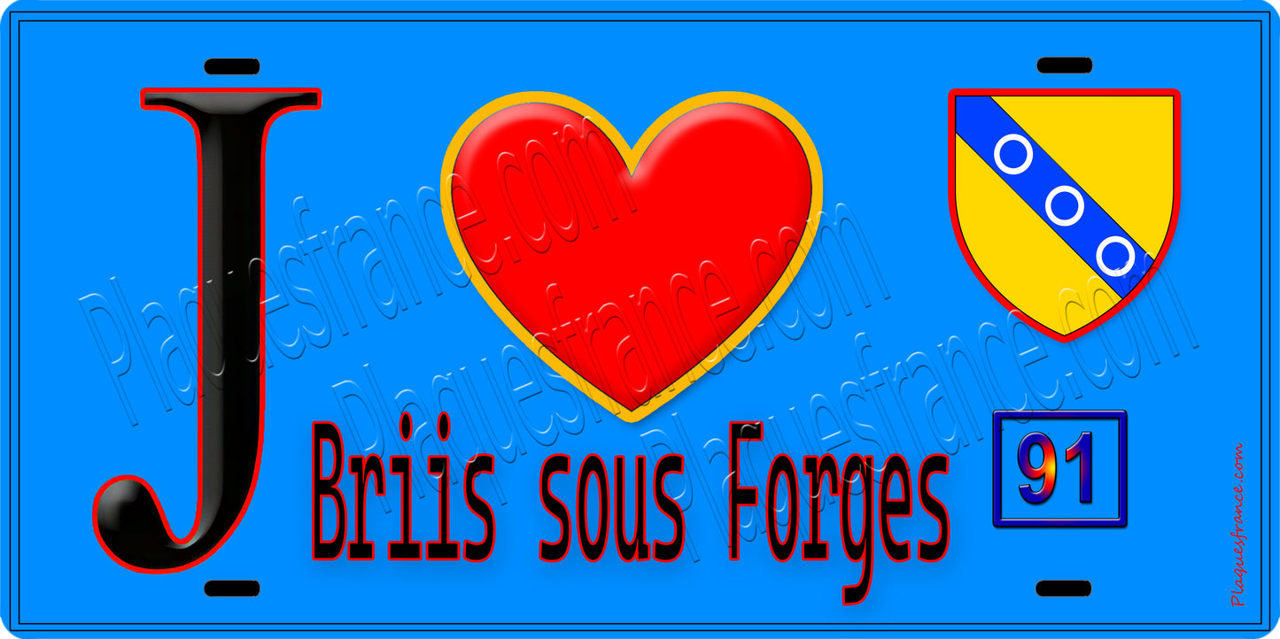 Plaque métal décorative  J' ❤️Briis-sous-Forges, Essonne (91) fond bleu
