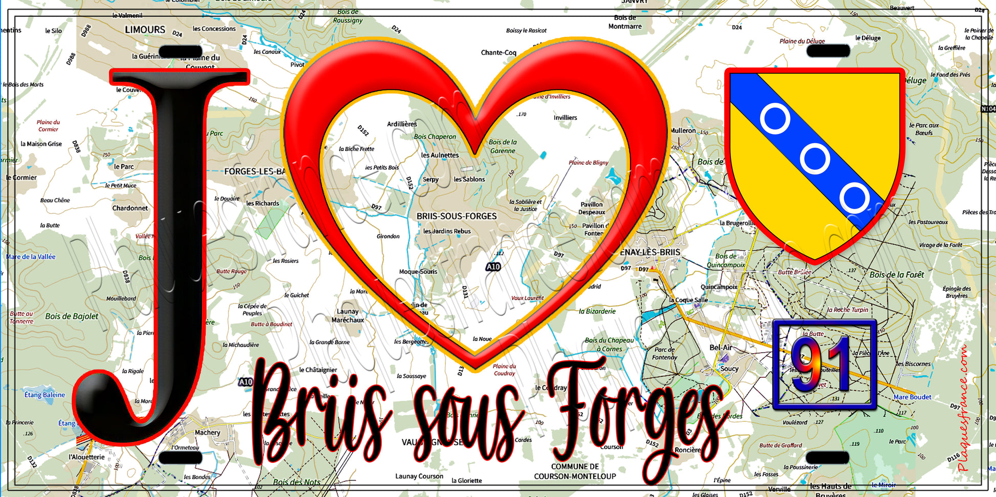 Plaque métal décorative  J' ❤️Briis-sous-Forges, Essonne (91) fond carte
