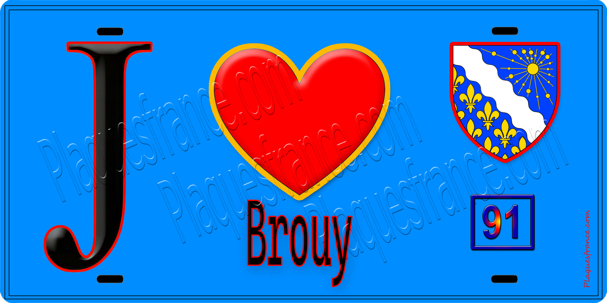 Plaque métal décorative  J' ❤️Brouy, Essonne (91) fond bleu