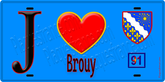 Plaque métal décorative  J' ❤️Brouy, Essonne (91) fond bleu