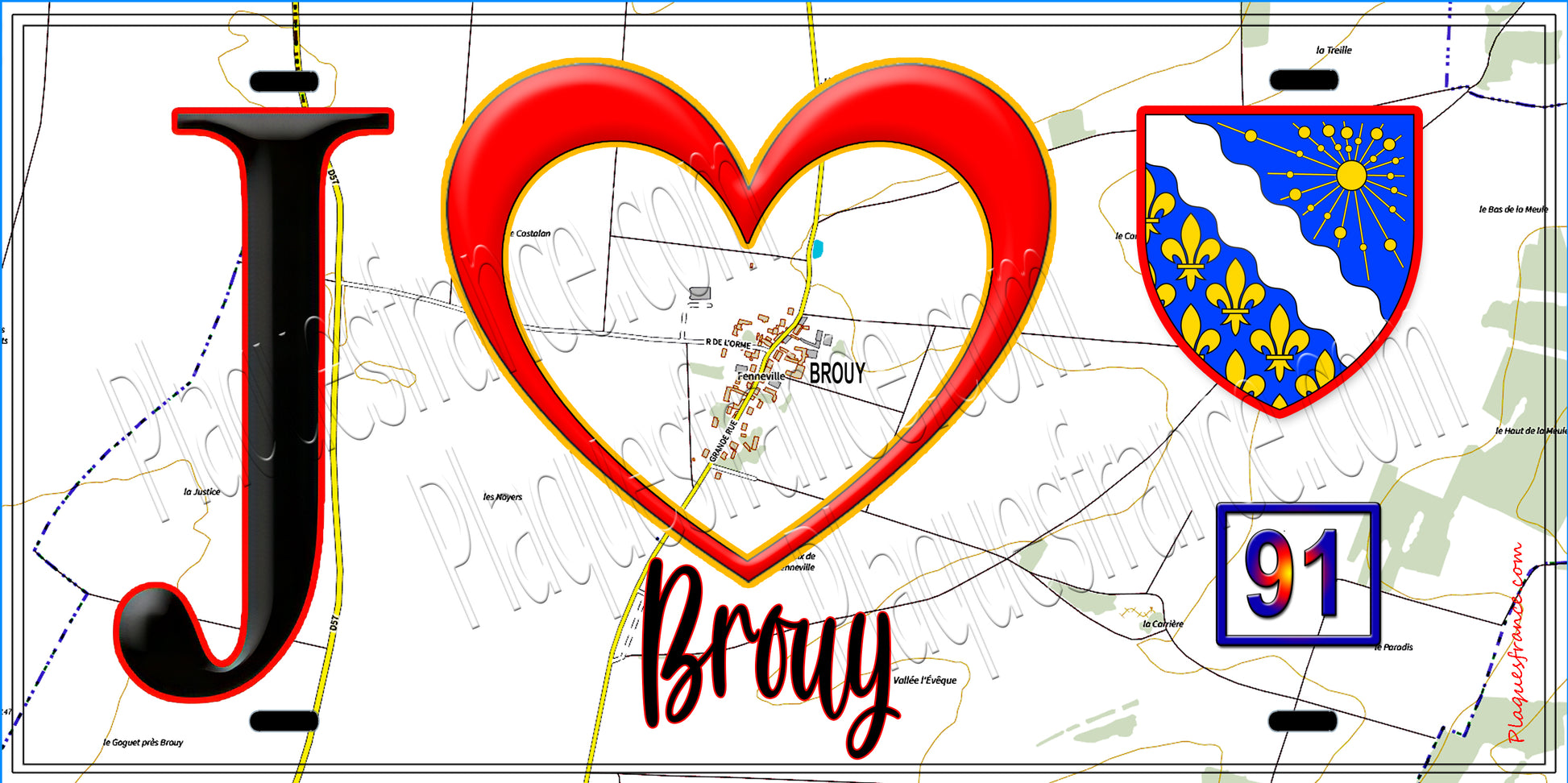 Plaque métal décorative  J' ❤️Brouy, Essonne (91) fond carte
