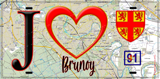 Plaque métal décorative  J' ❤️Brunoy, Essonne (91) fond carte