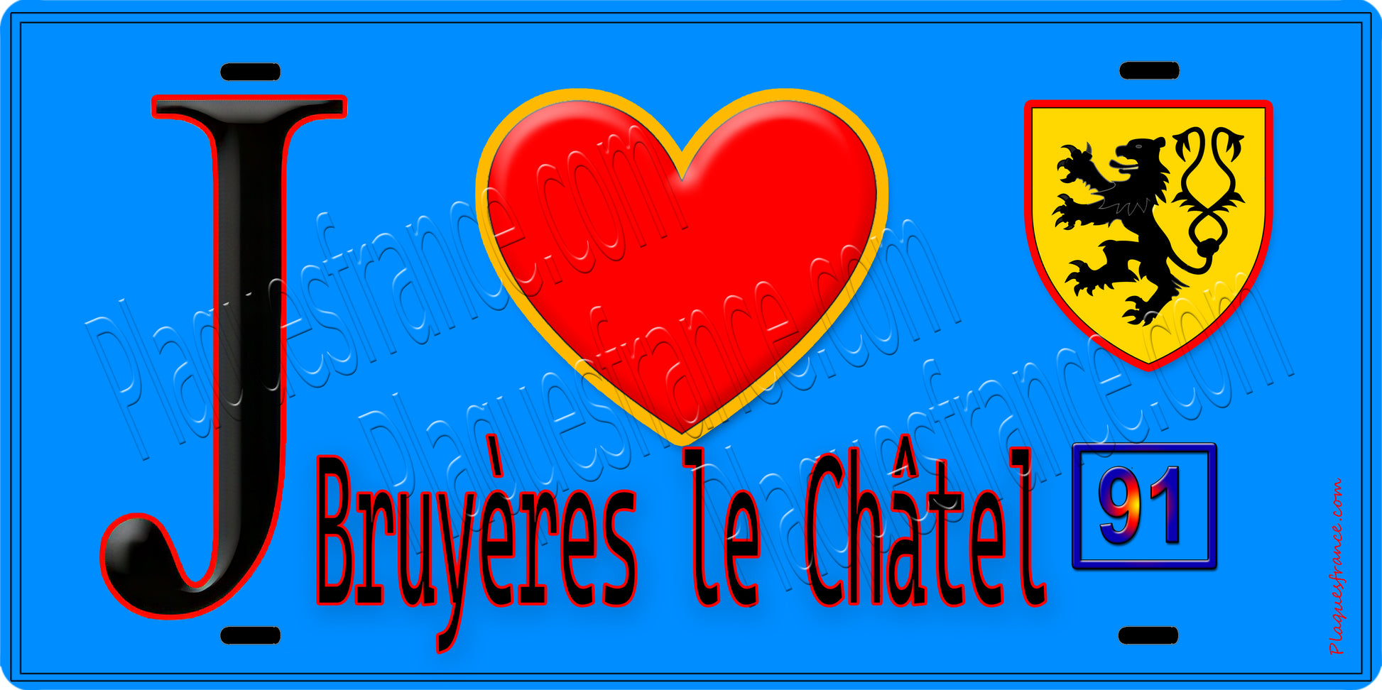 Plaque métal décorative  J' ❤️Bruyères-le-Châtel, Essonne (91) fond bleu