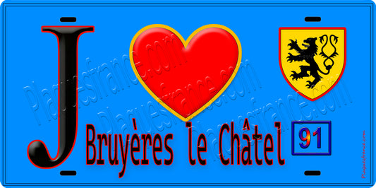 Plaque métal décorative  J' ❤️Bruyères-le-Châtel, Essonne (91) fond bleu