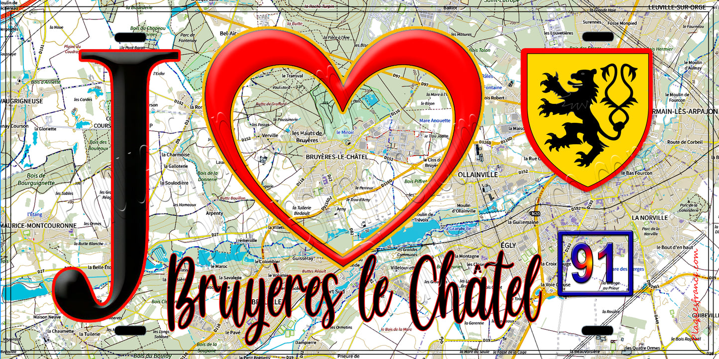 Plaque métal décorative  J' ❤️Bruyères-le-Châtel, Essonne (91) fond carte