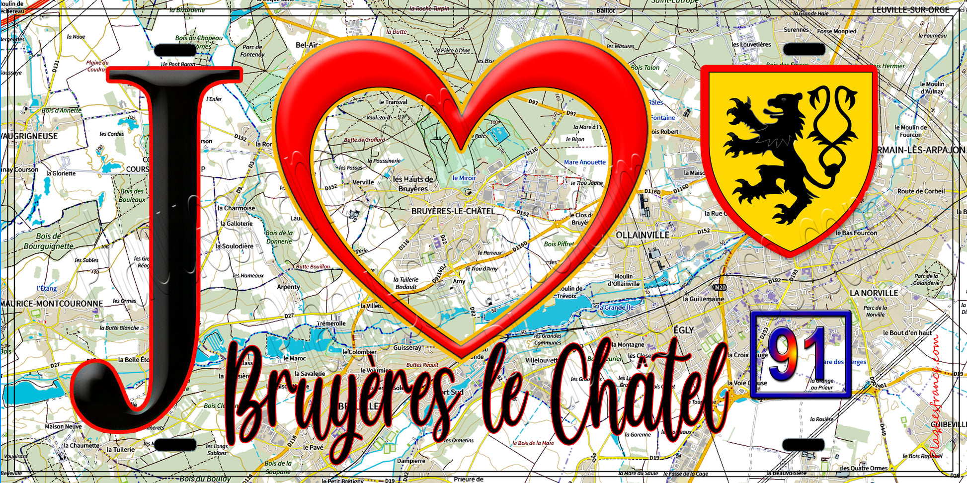 Plaque métal décorative  J' ❤️Bruyères-le-Châtel, Essonne (91) fond carte
