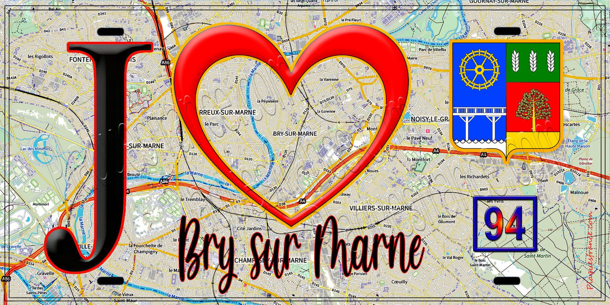 Plaque métal décorative  J' ❤️Bry-sur-Marne, Val de Marne (94) fond carte