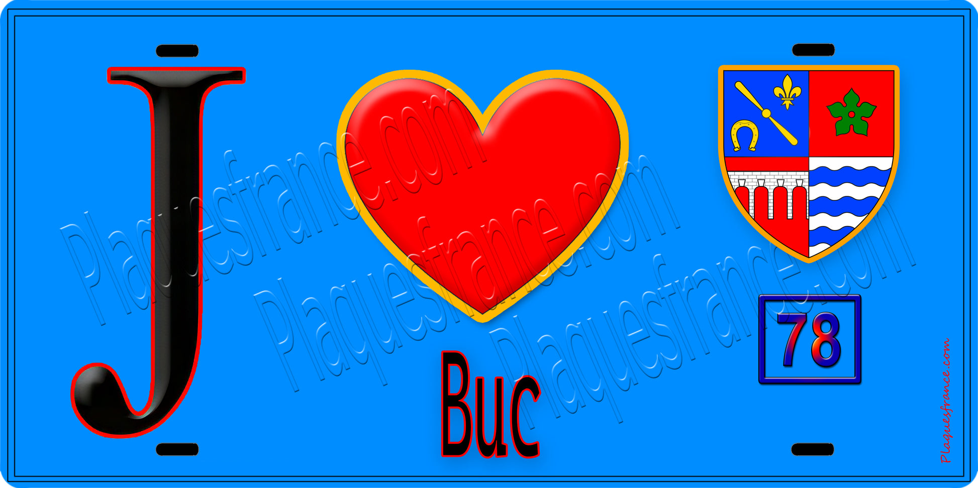 Plaque métal décorative  J' ❤️  Buc, Yvelines (78) fond bleu