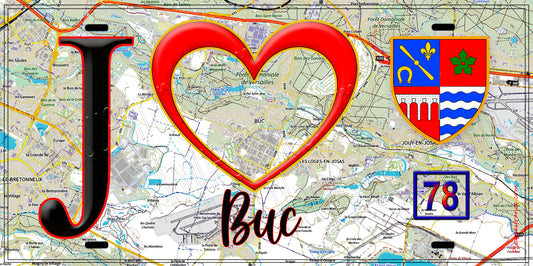 Plaque métal décorative  J' ❤️  Buc, Yvelines (78) fond carte