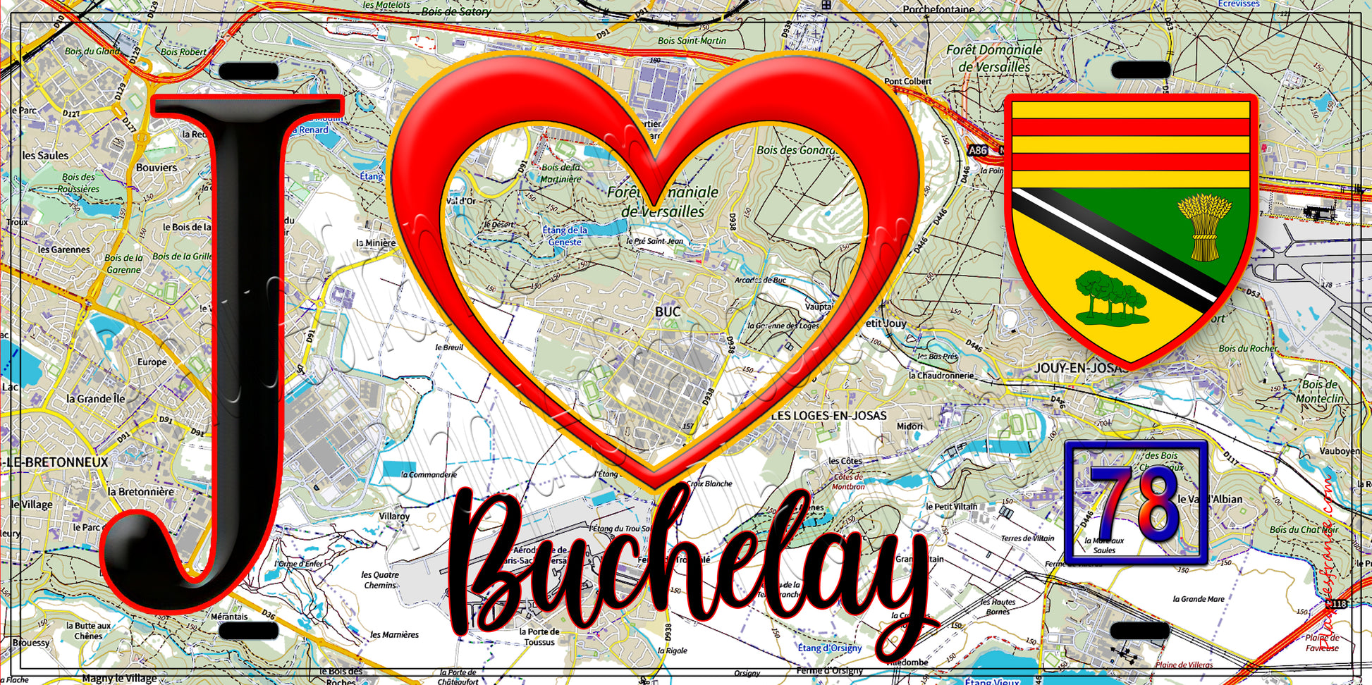 Plaque métal décorative  J' ❤️ Buchelay, Yvelines (78) fond carte