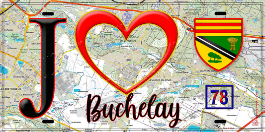 Plaque métal décorative  J' ❤️ Buchelay, Yvelines (78) fond carte